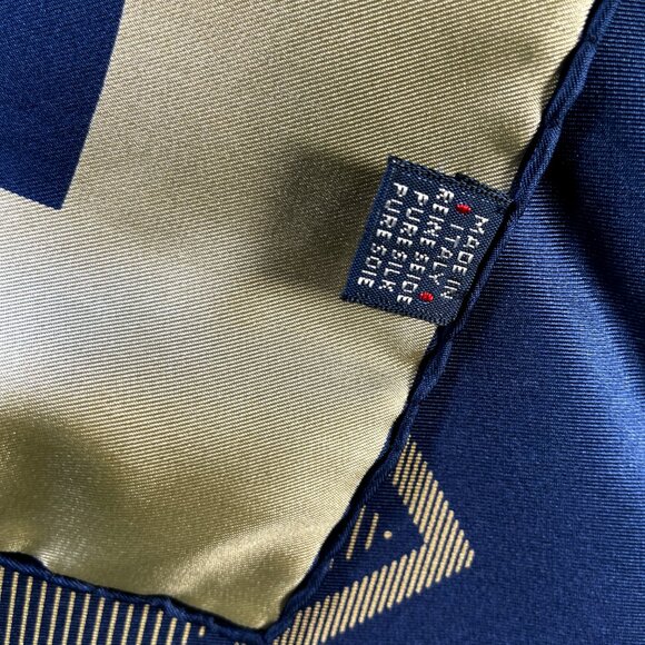 Vintage Burberrys of London Silk Scarf – Navy & Gold Geometric Border - Picture 10 of 11